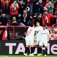 Sevilla celebrate after Andre Silva's goal lifts them to the top of the La Liga table