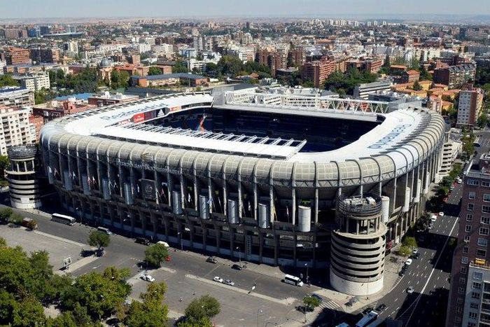 An aerial shot, taken in 2013, of Real Madrid's Santiago Bernabeu Stadium, which will host the Copa Libertadores final second leg between Argentine rivals River Plate and Boca Juniors