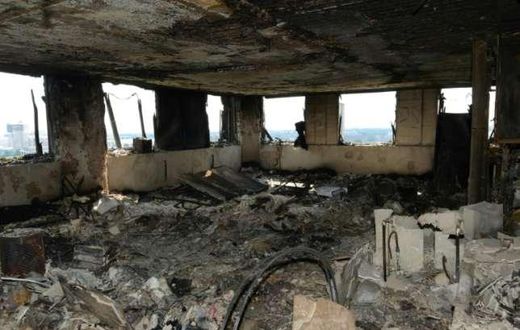 The inside of the Grenfell Tower in west London on June 16, 2017 after a fire engulfed the 24-storey building