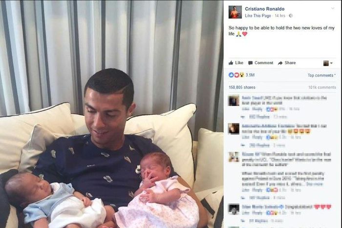 This picture obtained on Portugal football player Cristiano Ronaldo's Facebook page on June 30, 2017 shows Ronaldo carrying his newborn twins