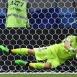 Chile's goalkeeper Claudio Bravo stops the ball by Portugal's forward Nani during the penalty shoot out during their 2017 Confederations Cup semi-final match in Kazan on June 28, 2017