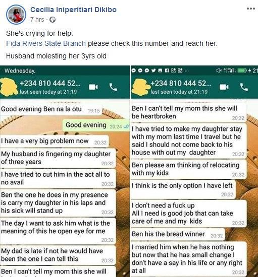 Woman seeks help as husband keeps sexually abusing their 3-year-old daughter