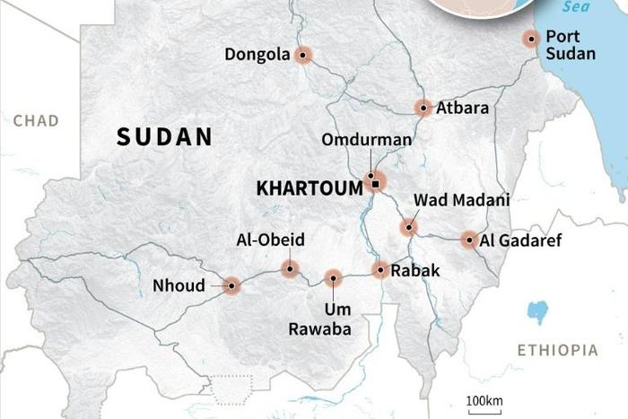 Map locating main cities in Sudan affected by protests over bread price increases.