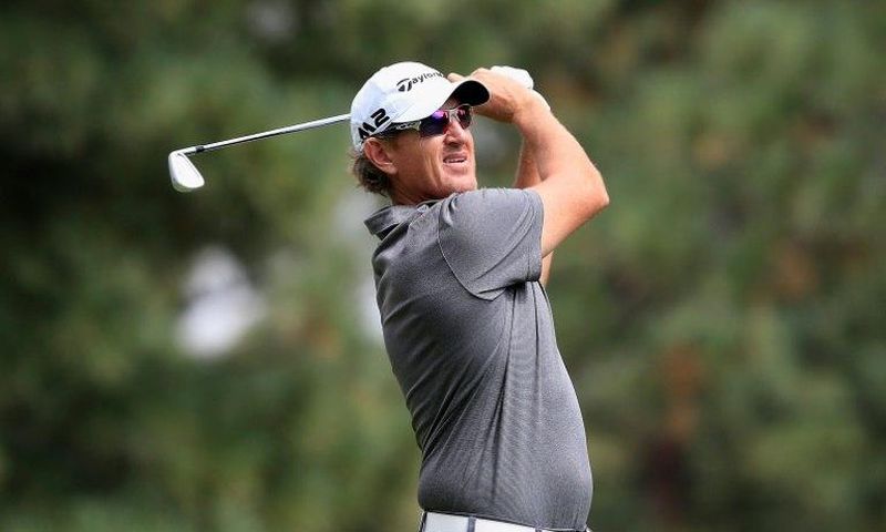 Greg Owen of England plays his shot from the third tee during the third round of the Barracuda Championship, at Montreux Country Club in Reno, Nevada, on August 5, 2017