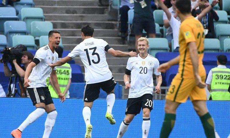 Germany's midfielder Lars Stindl celebrates after scoring on June 19, 2017