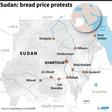 Map locating main cities in Sudan affected by protests over bread price increases.