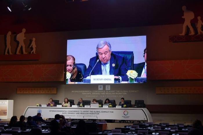 United Nations Secretary General Antonio Guterres gives a speech during the UN conference on migration on December 10, 2018 in the Moroccan city of Marrakesh