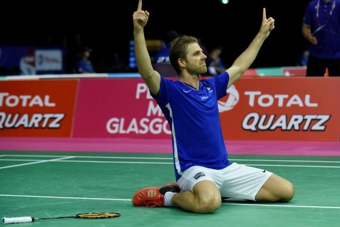 France's Brice Leverdez celebrates his victory over Malaysia's Lee Chong Wei on August 22, 2017