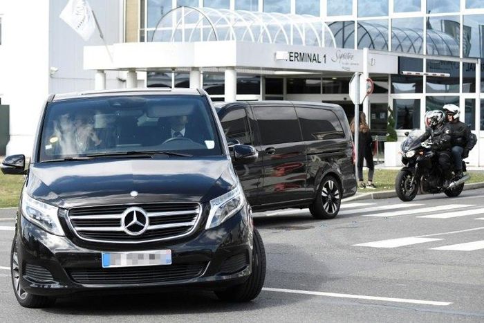 A motorcade of vehicles, one of which is understood to be carrying Neymar, leaves a terminal at Le Bourget airport, north of Paris, on August 4, 2017