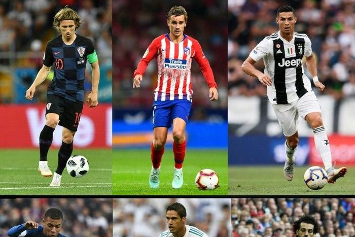 This combination of pictures shows Ballon d'Or contenders (clockwise from top left) Luka Modric, Antoine Griezmann, Cristiano Ronaldo, Mohamed Salah, Raphael Varane and Kylian Mbappe