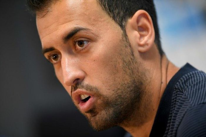 Barcelona's midfielder Sergio Busquets speaks during a press conference at the Sports Center FC Barcelona Joan Gamper in Sant Joan Despi, near Barcelona on August 15, 2017, on the eve of the Spanish Supercup football match Real Madrid vs FC Barcelona
