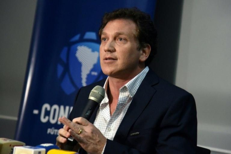 The president of the South American football's governing body, CONMEBOL, Paraguayan Alejandro Dominguez, speaks during a press conference in Luque, near Asuncion, on November 29, 2018