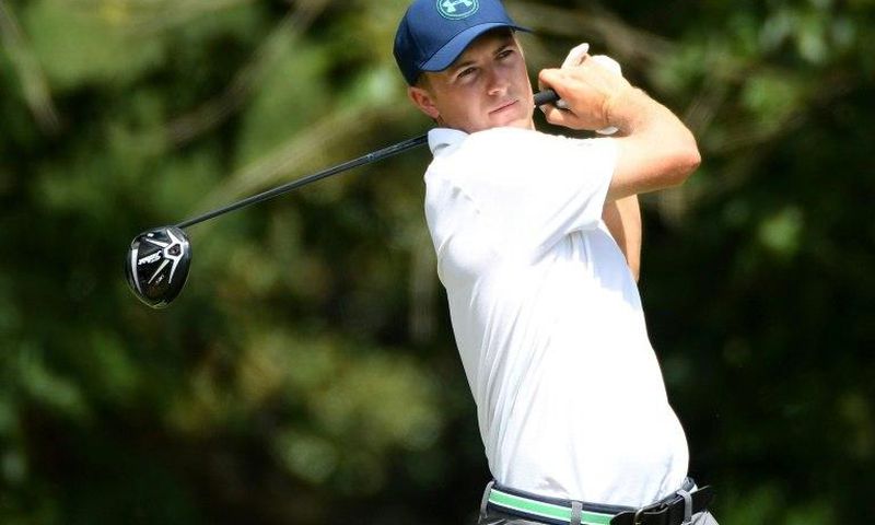 Jordan Spieth of the United States plays his shot from the fifth tee during the third round of the 2017 PGA Championship at Quail Hollow Club on August 12, 2017 in Charlotte, North Carolina