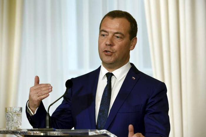 According to a decree by Russian Prime Minister Dmitri Medvedev, pictured September 2018, 245 individuals and seven companies, mostly in the energy and defence sectors, were sanctioned by Moscow