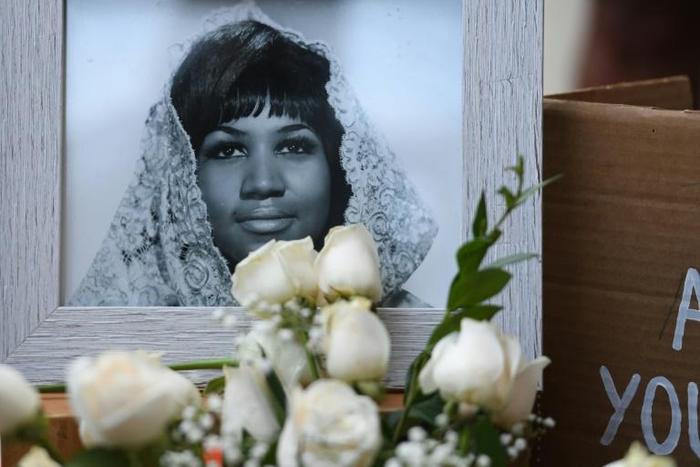 A photograph of American soul legend Aretha Franklin displayed after her death in August 2018, aged 76