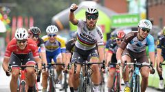 Slovakia's Peter Sagan of Bora-Hansgrohe (C) celebrates as he crosses the finish line to win at the end of the third stage of the BinckBank Tour 2017, 185 km from Blankenberge to Ardooie in Belgium, on August 9, 2017