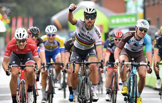 Slovakia's Peter Sagan of Bora-Hansgrohe (C) celebrates as he crosses the finish line to win at the end of the third stage of the BinckBank Tour 2017, 185 km from Blankenberge to Ardooie in Belgium, on August 9, 2017