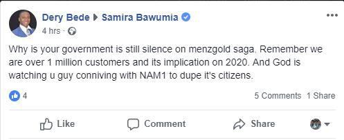Facebook post by an aggrieved Menzgold customer