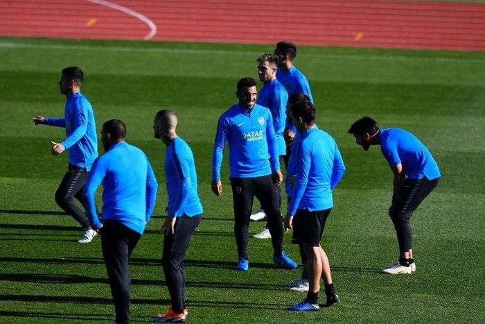Carlos Tevez with his Boca Juniors teammates at a training session at the Spanish Football Federation (RFEF) headquarters in Las Rozas, Madrid