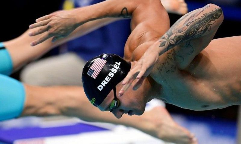 US Caeleb Remel Dressel competes in the mixed 4x100m freestyle final at the 2017 FINA World Championships in Budapest