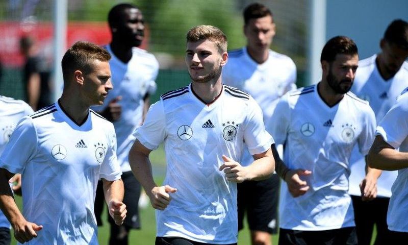 Timo Werner (C) participates in a Germany training session on the eve of their 2017 Confederation Cup match against Australia in Sochi