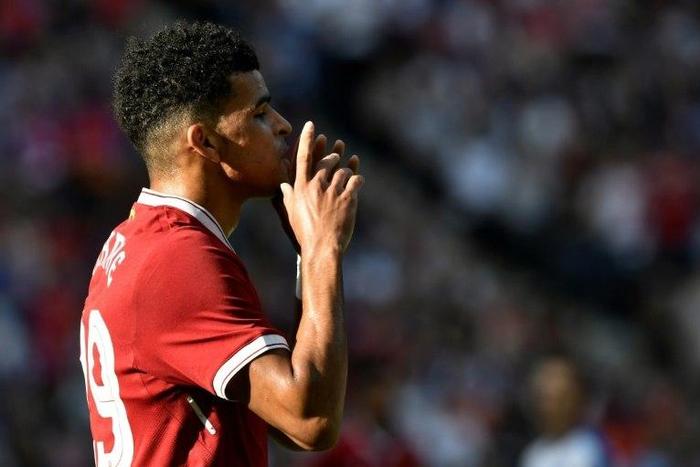 Liverpool's striker Dominic Solanke celebrates scoring during a friendly football match against Hertha Berlin on July 29, 2017