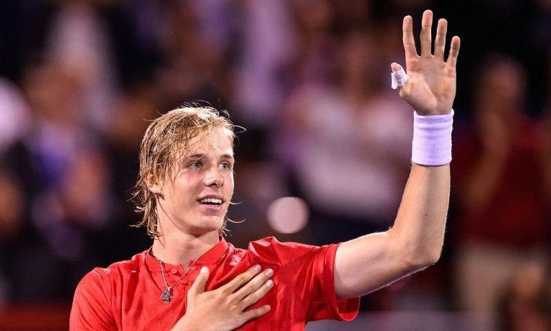 Denis Shapovalov of Canada celebrates his victory over Rafael Nadal of Spain on day seven of the Rogers Cup in Montreal, Quebec, Canada