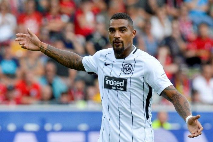 Frankfurt's midfielder Kevin-Prince Boateng reacts during a German first division Bundesliga football match against Freiburg on August 20, 2017
