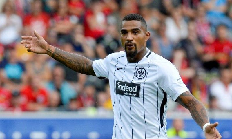 Frankfurt's midfielder Kevin-Prince Boateng reacts during a German first division Bundesliga football match against Freiburg on August 20, 2017