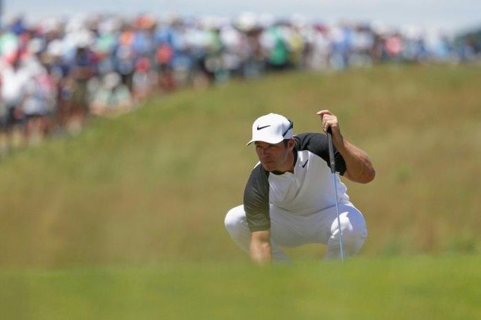 Paul Casey of England lines up a putt on the ninth green during the second round of the 2017 US Open at Erin Hills on June 16, 2017 in Hartford, Wisconsin