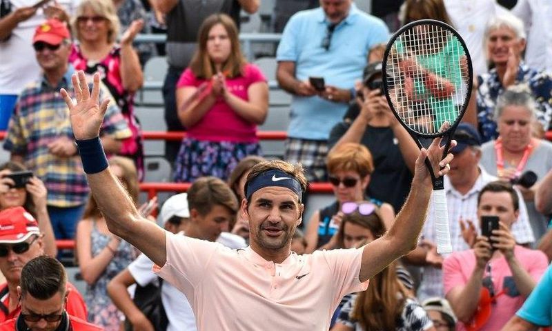 Roger Federer of Switzerland celebrates his victory over David Ferrer of Spain during day seven of the Rogers Cup presented by National Bank at Uniprix Stadium on August 10, 2017 in Montreal, Quebec, Canada