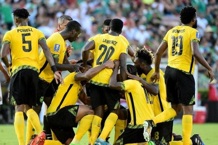 Jamaica's players celebrate after scoring a goal against Mexico during their 2017 CONCACAF semi-final match, at Rose Bowl in Pasadena, California, on July 23