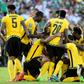 Jamaica's players celebrate after scoring a goal against Mexico during their 2017 CONCACAF semi-final match, at Rose Bowl in Pasadena, California, on July 23