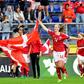Denmark's players celebrate after winning the UEFA Women’s Euro 2017 football tournament semi-final match between Denmark and Austria at the Rat Verlegh Stadium, in Breda, on August 3, 2017