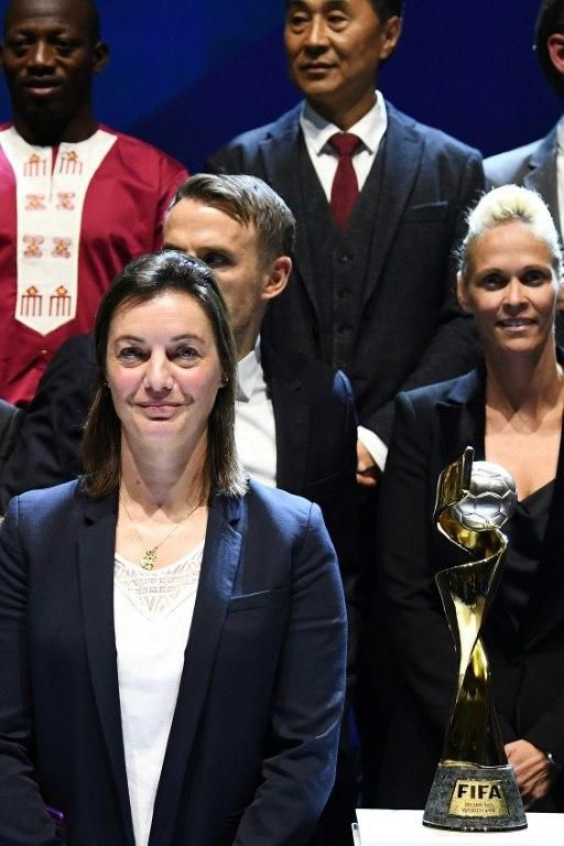 France's Corinne Diacre in front of some of her fellow coaches at Saturday's draw for the 2019 women's World Cup