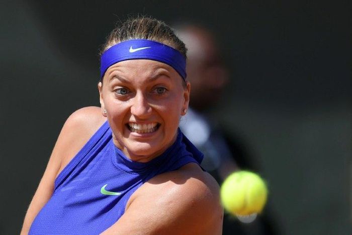 Czech player Petra Kvitova hits a return to Bethanie Mattek-Sands of the US during their match the French Open at Roland Garros in Paris on May 31, 2017