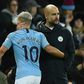 Manchester City manager Pep Guardiola consoles striker Sergio Aguero after his side's defeat by Crystal Palace