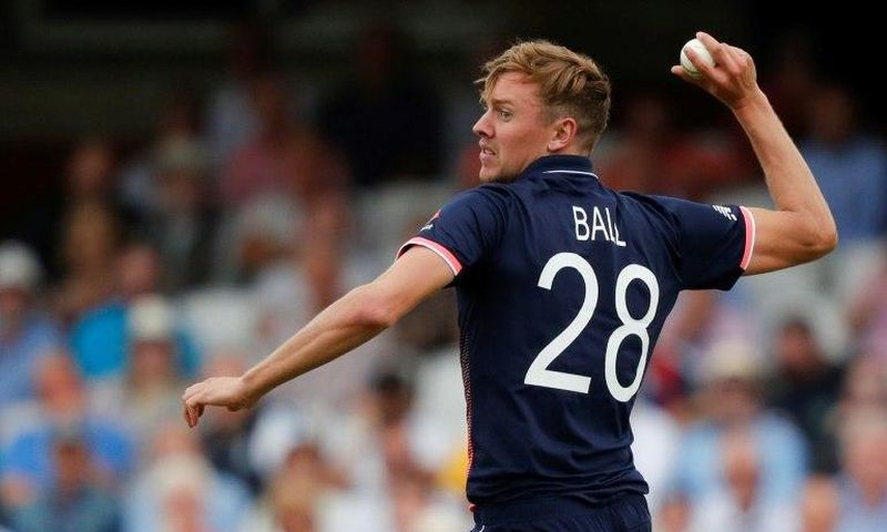 England bowler Jake Ball fields during the ICC Champions Trophy cricket match between England and Bangladesh at The Oval in London on June 1, 2017
