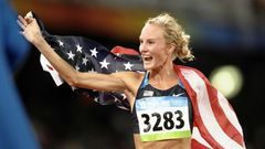 Shalane Flanagan of the US celebrates after the women's 10,000m race at the 2008 Beijing Olympic Games