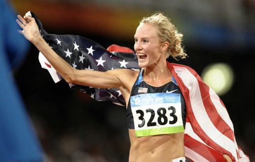 Shalane Flanagan of the US celebrates after the women's 10,000m race at the 2008 Beijing Olympic Games