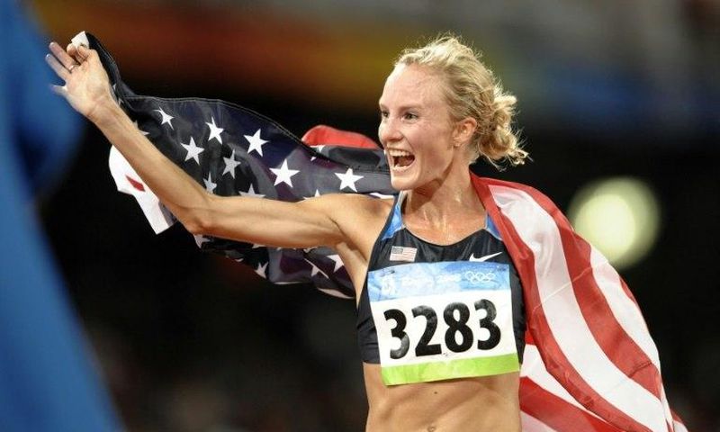 Shalane Flanagan of the US celebrates after the women's 10,000m race at the 2008 Beijing Olympic Games