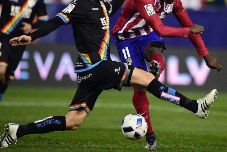 One of the shirts worn by players of Madrid's Rayo Vallecano, now in Spain's second division, sports a rainbow-coloured strip to fight discrimination