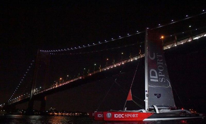 French skipper Francis Joyon has set a new solo Atlantic crossing record at the helm of his 30m multihull IDEC, seen here in New York on July 4