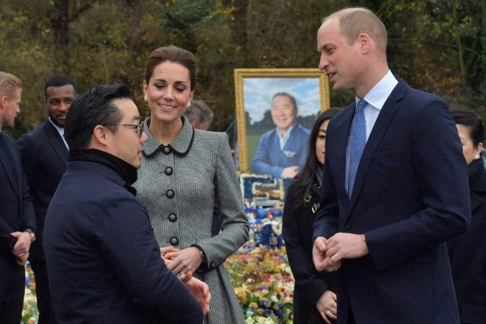 Aiyawatt Srivaddhanaprabha (left), the son of Leicester City's late chairman Vichai Srivaddhanaprabha, talks with Prince William and his wife Kate