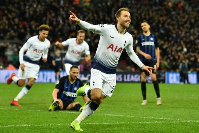 Christian Eriksen celebrates Tottenham's vital winner against Inter Milan