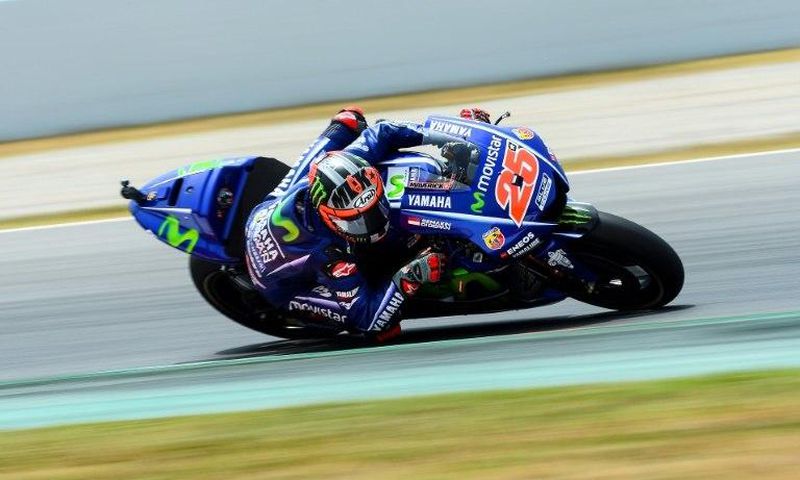 Movistar Yamaha MotoGP's Spanish rider Maverick Vinales rides during the second MotoGP free practice session of the Moto Grand Prix de Catalunya at the Circuit de Catalunya on June 9, 2017 in Montmelo