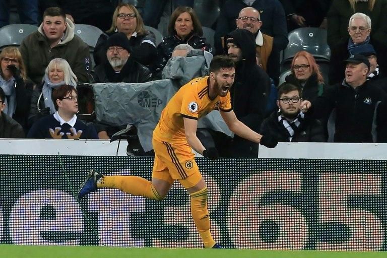 Wolverhampton's Matt Doherty celebrates his late winner against Newcastle