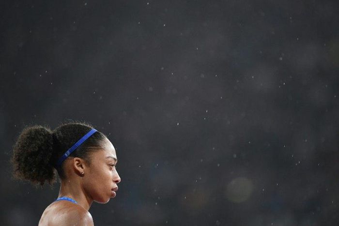 US athlete Allyson Felix reacts after finishing third in the final of the women's 400m athletics event at the 2017 IAAF World Championships at the London Stadium in London on August 9, 2017