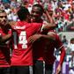 Manchester United forward Anthony Martial (R) celebrates with midfielder Jesse Lingard after Lingard scored a goal on July 23, 2017 in Santa Clara, California