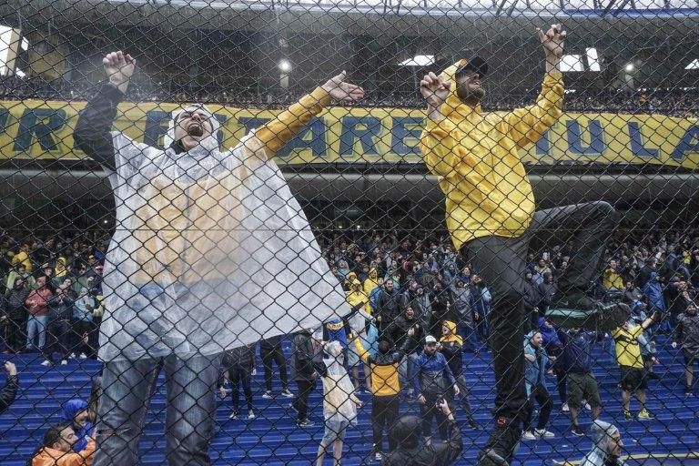 Boca Juniors fans in their home Bombonera stadium during the Copa Libertadores final first leg